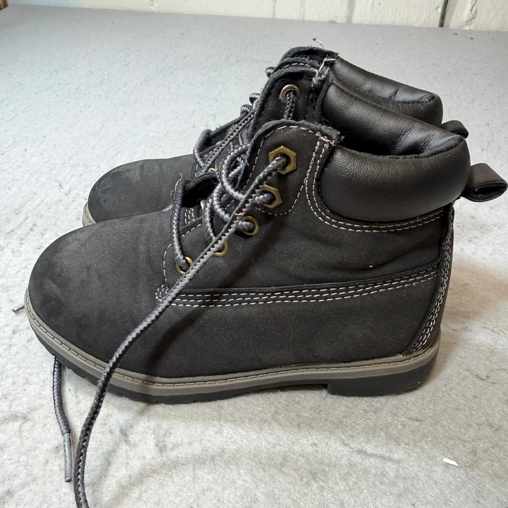 Wonder Nation Work Boots Kids‎ Size 12 Black Good Lace Up Contrast Stitching